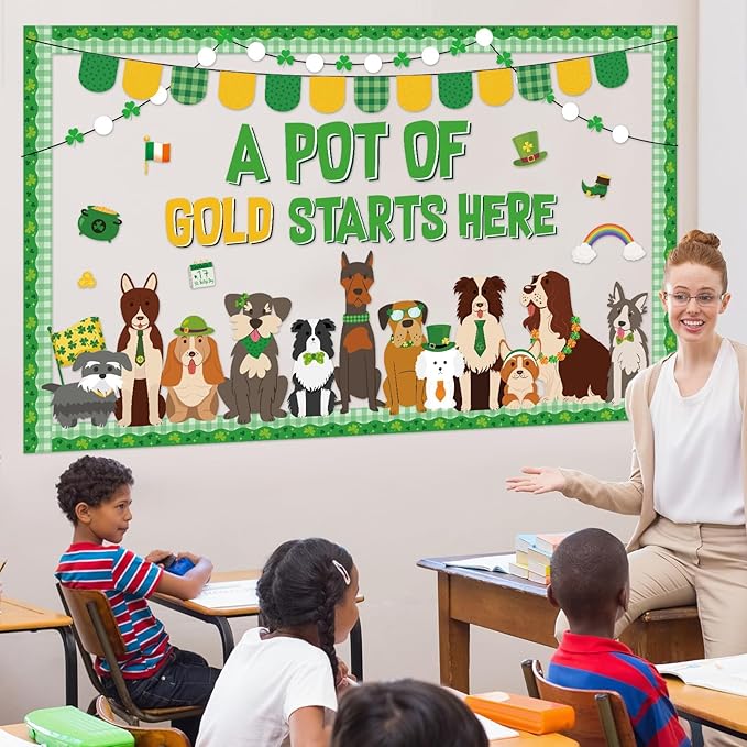 St.Patrick's Day Pet Dog Bulletin Board Set Puppy Classroom Decoration Lucky Shamrock Clover Gold Coin Cute Dog Bulletin Board St. Patricks Cutouts for Irish Home Classroom Chalkboard Wall Decor