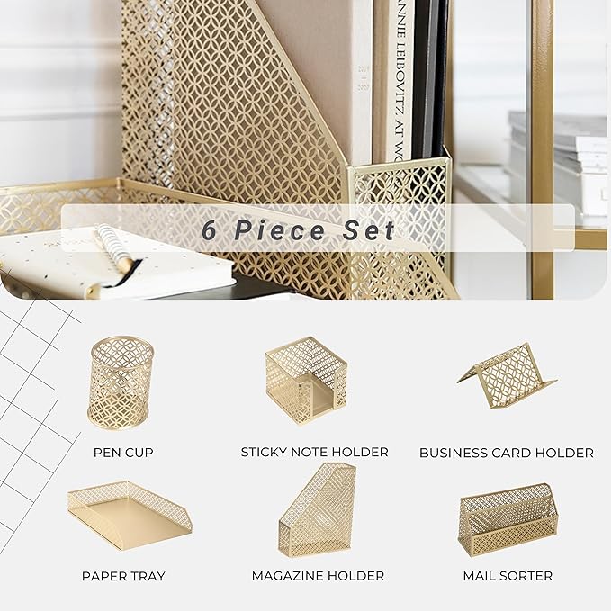 BLU MONACO | Gold Desk Organizer Set with Mail Sorter, Sticky Note Holder, Pen Cup, Magazine Holder, Letter Tray & Business Card Holder | Stylish Desk Accessories for Women & Home Office Décor