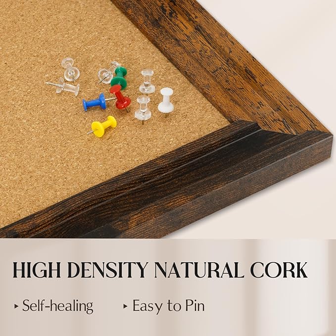 Cork Bulletin Board, 24"x18" Corkboard for Wall with Vintage Brown Wooden Frame, Hanging Pin Board for Home Office Decor, 10 Push Pins