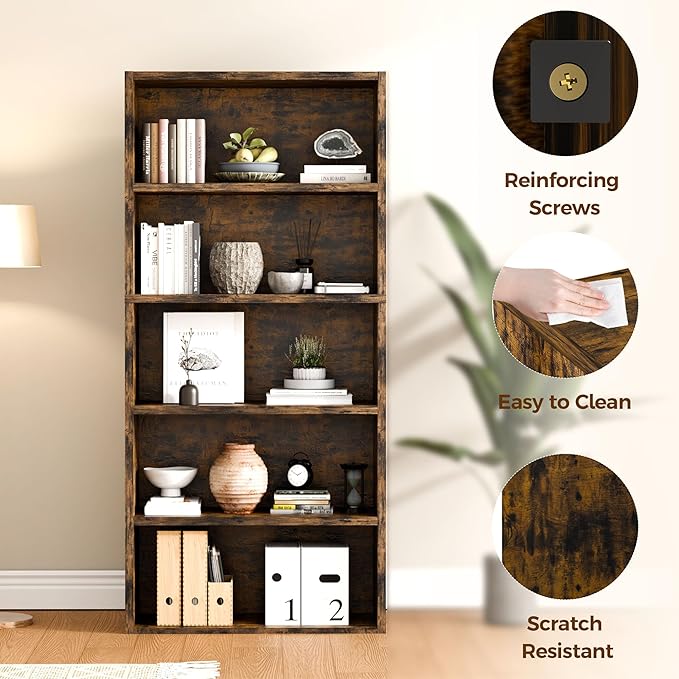 5-Tier Bookcase and Bookshelves, Freestanding Wood Bookshelf, 53" Tall Bookcase with Adjustable Shelves, for Living Room, Bedroom, Home Office, Retro Brown