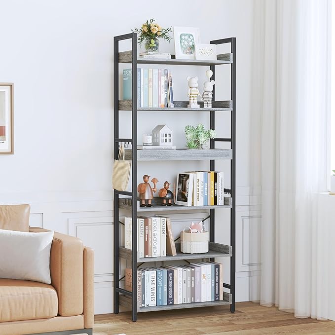 HCHQHS 6 Tier Bookshelf, Adjustable Industrial Bookcase, Vertical Tall Book Shelf, Wood and Black Metal Open Bookshelves for Home Office, Living Room, Bedroom
