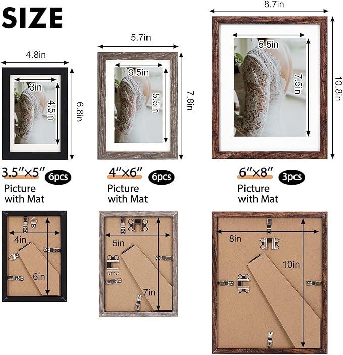Fixwal Picture Frames Set, Gallery Wall Frame Set Picture Frames Collage 15 Pack for Wall or Tabletop with 8x10 5x7 4x6 Frames, Rustic Picture Frames in 3 Different Finishes