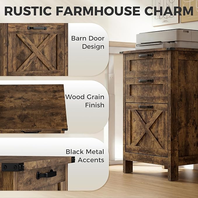 HOMCOM 3 Drawer File Cabinet with Silent Slides, Vertical Filing Cabinet for Hanging A4/Letter Size, Rustic Farmhouse Printer Stand with Storage for Home Office, Rustic Brown