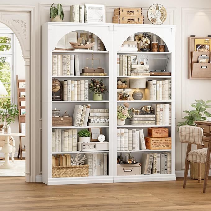 FACBOTALL 73" Tall Arched Bookcase and Bookshelf, Farmhouse Book Shelf with 6 Tiers Open Shelves, Arched Cabinet for Media CD DVD Storage, Wooden Tall Bookcase for Living Room, Home Office, White