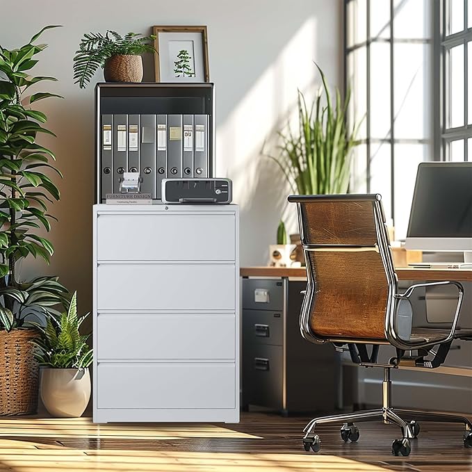 4 Drawer Lateral File Cabinet with Lock for Home Office Metal Filing Cabinet with Adjustable Hanging Rails Horizontal Filing Organization Storage Cabinet for Letter/Legal/A4/F4 Size White