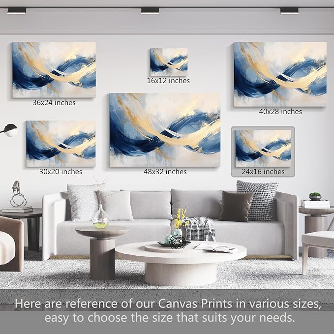 gaosoul Blue Gold Abstract Canvas Art Modern Oil Painting Giclee Print Bold Navy Azure Swirls with Metallic Gold Highlights for Living Room Home Office Decor Framed 24x16in