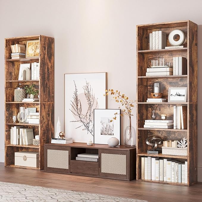 6-Tier Bookshelf & Bookcase Set of 2, Floor Standing Open Book Shelf, Wooden Display Storage Shelves with Anti-Tipping Device, 71" Tall Bookshelves for Bedroom, Living Room and Office, Brown