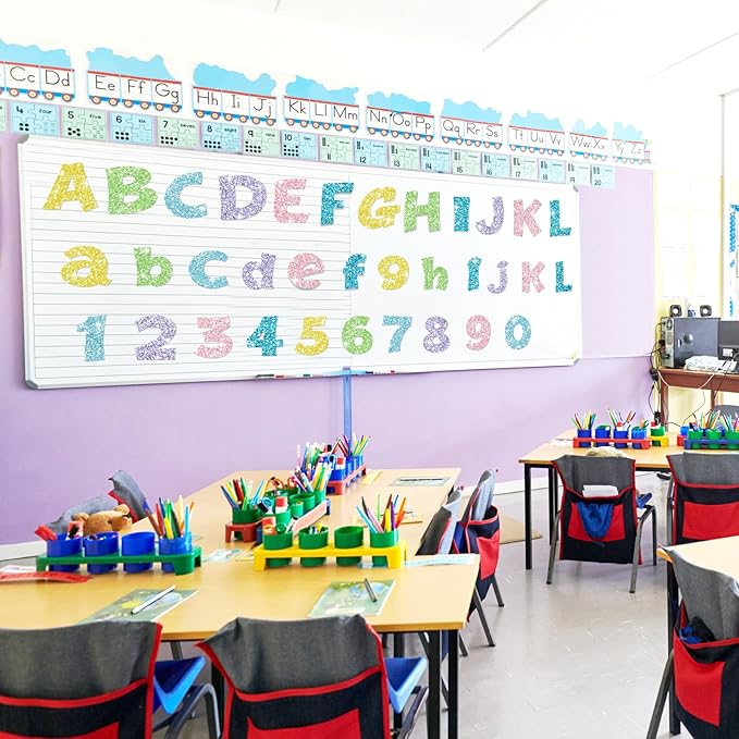 Colarr 216 Pcs Glitter Bulletin Board Letters for Classroom Number Alphabet Punctuation Symbol Cutout 4'' Die-Cut Poster Letter with Adhesive Dot School Party Holiday Decor Display(Mixed)