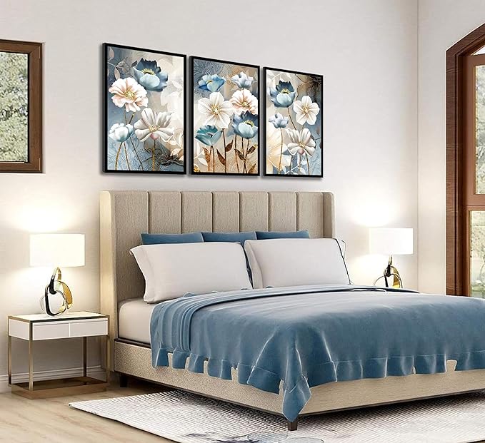 3 Pcs Modern Luxury Lotus Flower Canvas Wall Art White and Blue Floral Painting Pictures Wall Decor Posters Print Artwork for Living Room Bedroom Bathroom Office Home Decoration Unframed