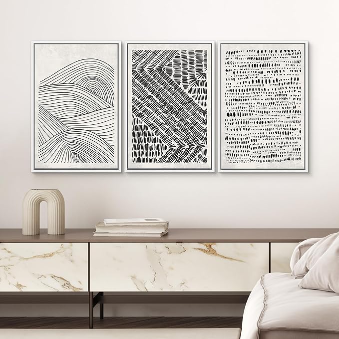 SIGNWIN Framed Canvas Print Wall Art Set Black Pastel Geometric Landscape Abstract Shapes Cozy Neutral Modern Art Decorative Boho Relax/Zen Nordic for Living Room, Bedroom, Office - 16"x24"x3 White