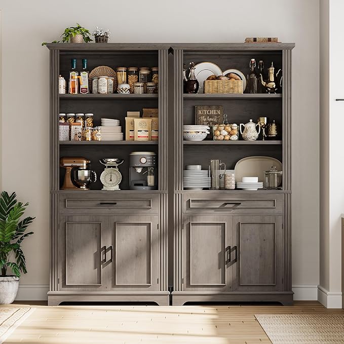 SEDETA Farmhouse Bookshelves and Bookcases with Doors and Drawer, Bookshelf with Storage, Floor Standing 6 Shelf Display Storage Shelves 70 in Tall Bookshelf for Home Office, Living Room, Grey