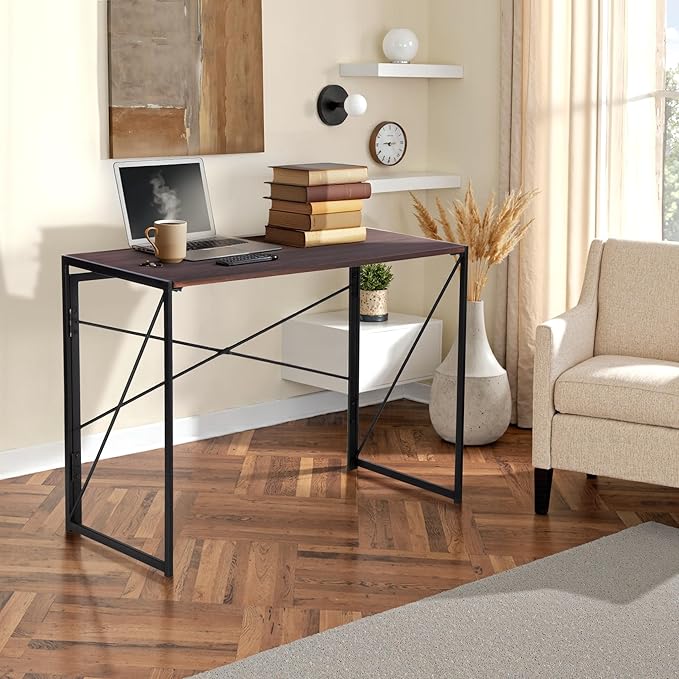 Homy Casa 39.4 Inch Foldable Laptop Desk, Space-Saving Computer Table with No Assembly Required, Sturdy Metal Frame, Minimalist Design for Home Office, Study, or Small Spaces, Walnut