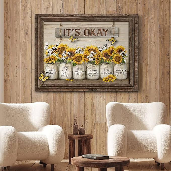 Parylore Sunflower Wall Art Canvas Print Wall Decor It'S Okay Quotes Inspirational Painting Framed Modern Artwork for Living Room Bedroom Bathroom Office Home Decor 12x16 In