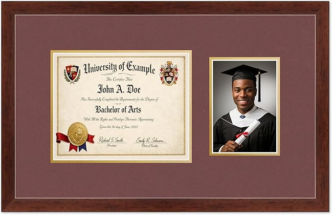 CountryArtHouse Fits 10 x 8 Professional License and 5 x 7 Photo Diploma and Photo Frame Rustic Walnut Genuine Hardwood with Dark Red Over Metallic Gold Double mat