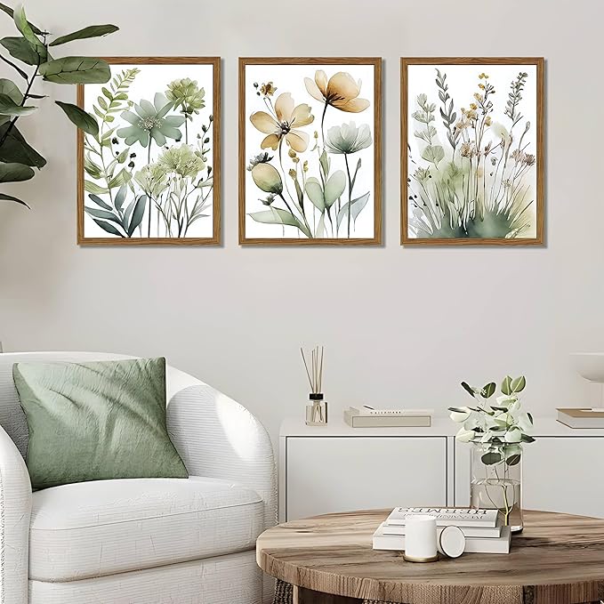 Wood Framed Sage Green Botanical Wall Art Set of 3, Boho Floral Canvas Wall Decor Paintings, Minimalist Flower Posters Prints Pictures for Bedroom Bathroom Living Room Home Decor 16x24 Inch