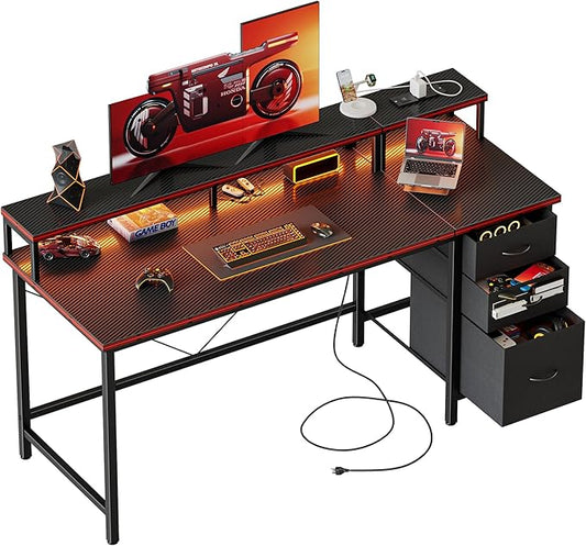 Mericonia Computer Desk 55 inch with Power Outlets & LED Lights, Gaming Desk with 3 Drawers for Home Office, Small Desk with Monitor Stand for Small Spaces, Study Writing Desk