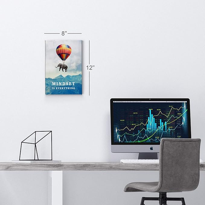Smile Art Design Mindset is Everything Quote Elephant with Balloon Motivational Wall Art Canvas Print Inspirational Wall Art Entrepreneur Quote Office Living Room Decor Gift Ready to Hang 36x24