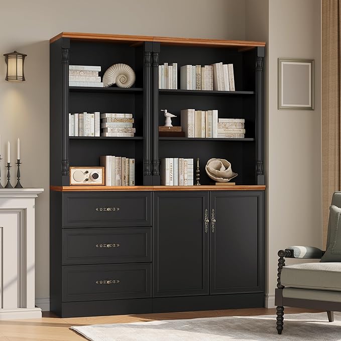 Bookshelf with Drawers, 71" Tall Wood Bookcase with Adjustable Shelf, 24" Wide Book Shelf, Floor Standing Display Storage Cabinet for Home Office, Study and Living Room, Antique Black