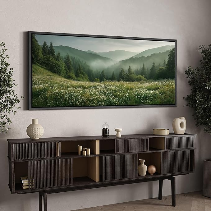 SIGNFORD Extra Large Framed Canvas Print Wall Art Misty Green Valley Meadow Landscape Illustrations Modern Art Calm Warm for Living Room, Bedroom, Office - 60"x30"