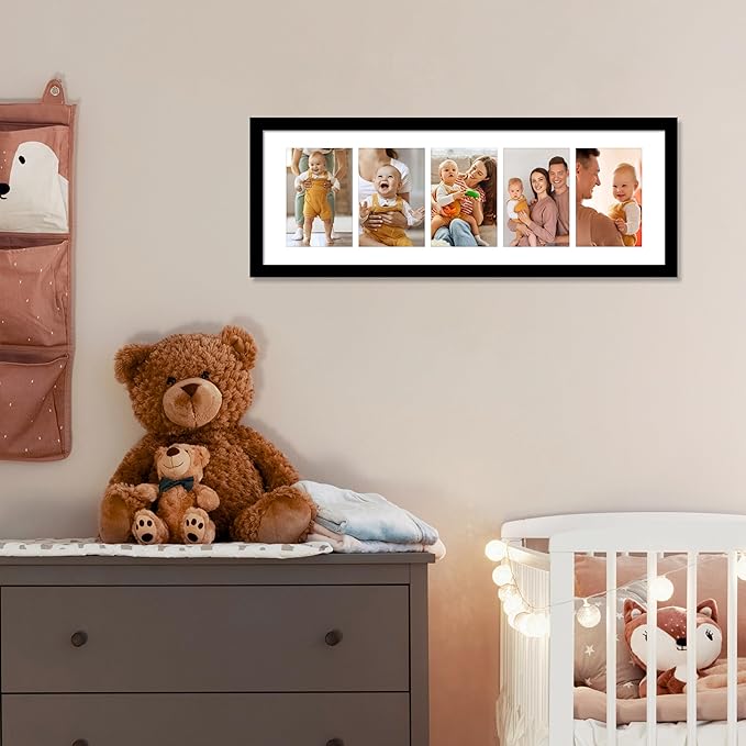 VIOLABBEY 8x24 Picture Frame - Fits Five 4x6 Photos with Mat or One 8x24 Picture without Mat - Black Collage Wall Decor