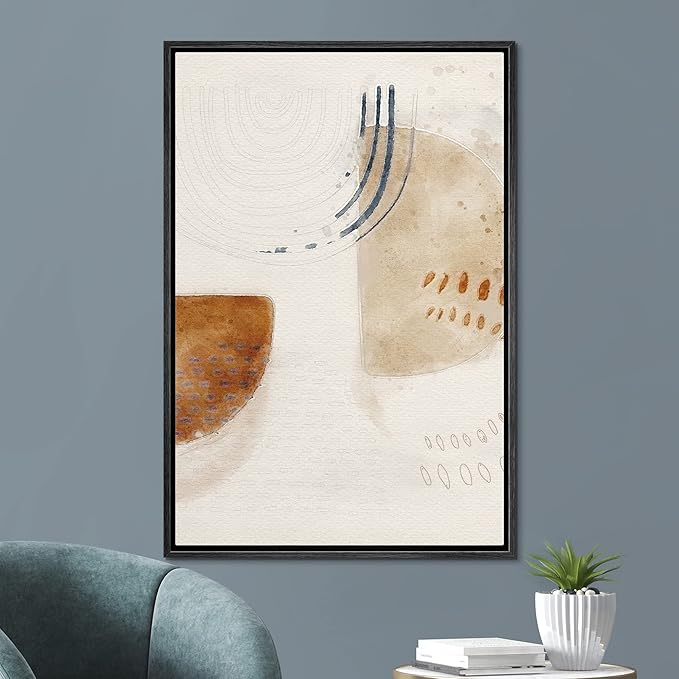 SIGNFORD Framed Canvas Print Wall Art Brown & Tan Squares with Black Lines Abstract Shapes Illustrations Minimalism Chic Relax/Calm Multicolor Warm for Living Room, Bedroom, Office - 16"x24" Black