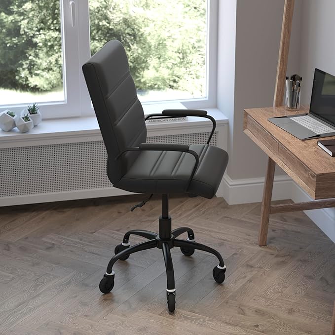 Flash Furniture Camilia Mid-Back Black LeatherSoft Executive Swivel Office Chair with Black Frame, Arms, and Transparent Roller Wheels