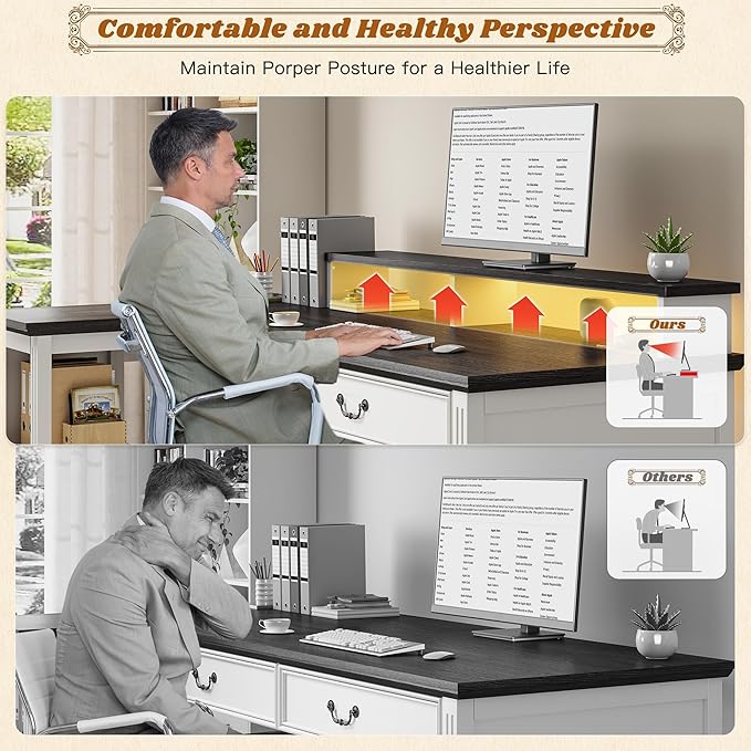 EnHomee 55" L Shaped Farmhouse Computer Desk with Drawers, Office Desk with Long Monitor Stand & Storage Shelves for Bedroom, Desk for Home Office, Desks with Power Outlets & LED Lights, Study Room