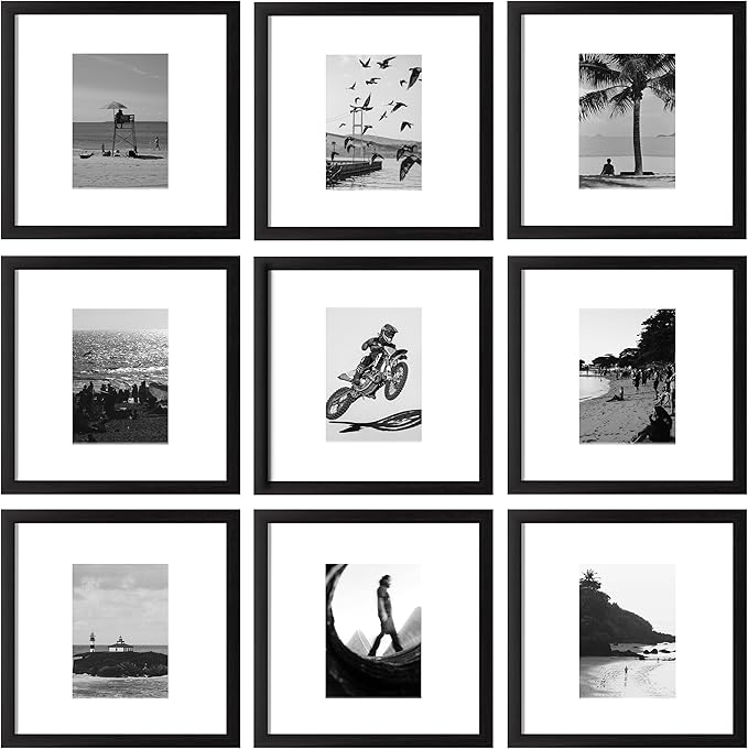 eletecpro 12x12 Picture Frames Set of 9 with 12x12 inches Mat, No Opening Free Size Mat for Multi-size Photos, Square Gallery Wall Decor, Black Collage Frame Set for Wall Hanging
