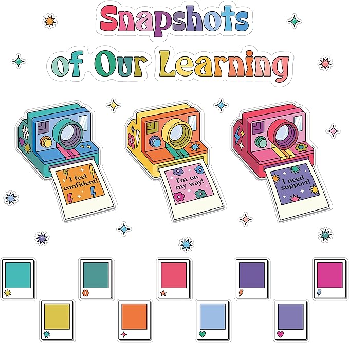 Happily Ever Elementary Retro Remix 83-Piece Snapshots of Our Learning Bulletin Board Set, Banner, Vintage Cameras, Photos, and More Groovy Bulletin Board Decorations for Classroom Decor