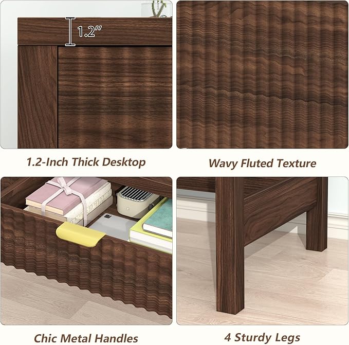 Fluted Computer Desk with 2 Drawers, 39 Inch Small Computer Desk with Storage, Compact Writing Study Desk for Small Spaces, Walnut