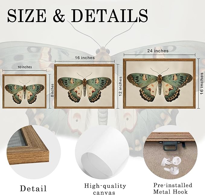 AVECCO Framed Butterfly Print on Canvas Vintage Wall Art, Rustic Farmhouse Wall Decor, Funny Unique Animal Art Prints for Bathroom Bedroom Living Room Office Home Decoration Ready to Hang 8x10 Inch