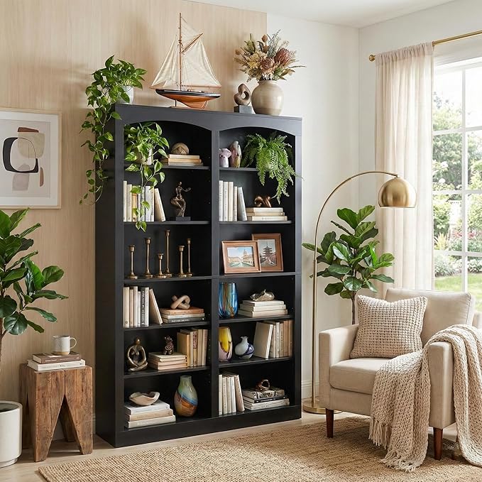 71" Tall Bookcase, Double Wide Black Bookshelf with Arched Design, 12-Tier Open Wood Display Shelf Storage Organizer for Living Room, Home Office (41.6" W x 70.8" H)