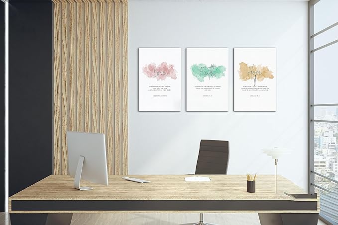 SHMAO Bible Canvas Wall Art Motivational Wall Decor, 3 Piece Love Faith Hope Canvas Print Pictures for Office Wall Decor Women Inspirational Framed Artwork Home Office Decor 12”x18”x3 Panels