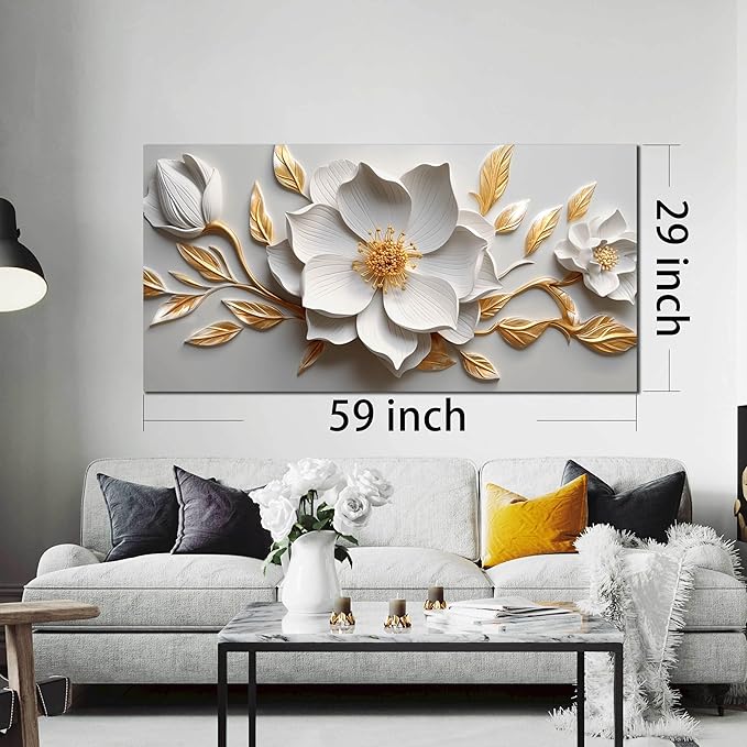 Canvas Wall Art for Living Room Bedroom Office White and Gold Flower Artwork Large Botanical Wall Art Framed Wall Decor Modern Canvas Prints 29x59 In