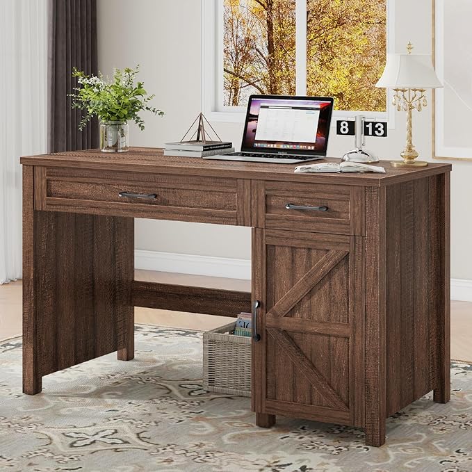 Farmhouse 47" Executive Desk, Computer Desk with Drawers and Storage Cabinet, Workstation Computer Desk for Home Office and Study.Red-Brown