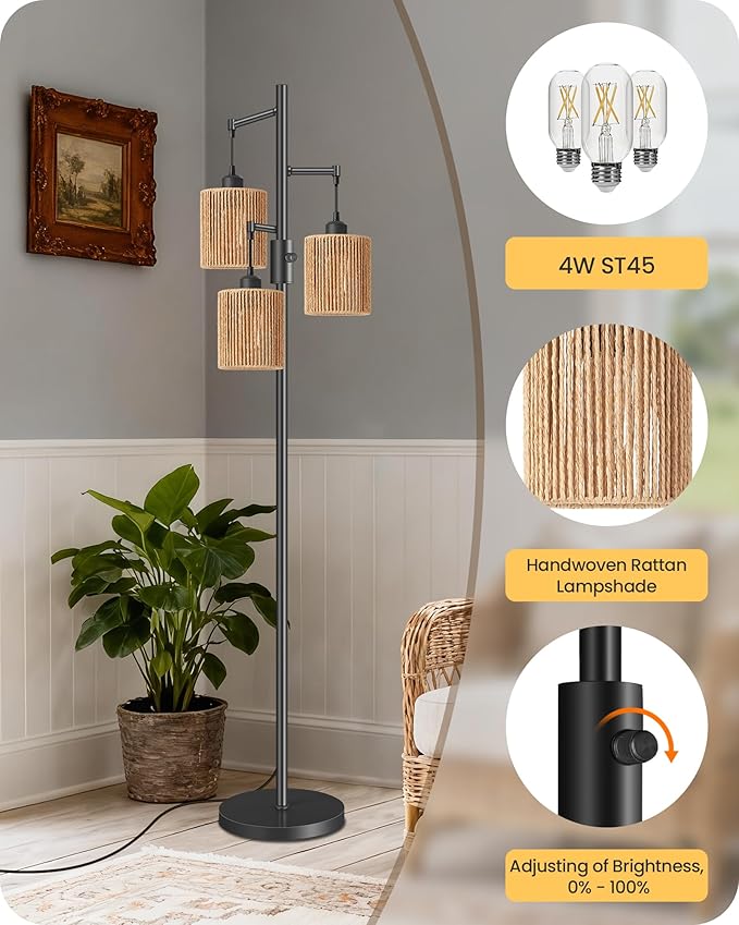 Dimmable Floor Lamp, Farmhouse Tall Standing 70.3" Tree Lamp with 3 Rope Woven Lampshades, Boho Rattan Floor Lights, 4W 3 LED Bulbs Included, for Living Room, Bedroom, Study, Office AB03LD05