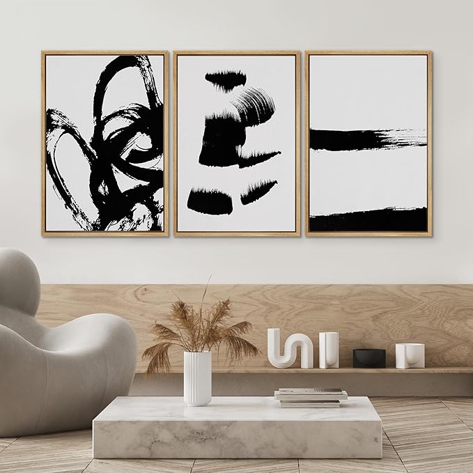 SIGNWIN Framed Wall Art Print Set Grunge Style Black & White Paint Strokes Abstract Shapes Illustrations Modern Art Bohemian Group Dramatic Grey for Living Room, Bedroom, Office - 24"x36"x3 Natural