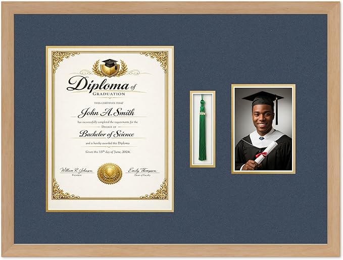CountryArtHouse Diploma Tassel and Photo Shadowbox Fits 10 x 13 College Diploma (Portrait Traditional) Natural Wood Genuine Hardwood with Navy Blue Over Metallic Gold Double mat