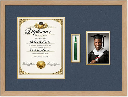CountryArtHouse Diploma Tassel and Photo Shadowbox Fits 10 x 13 College Diploma (Portrait Traditional) Natural Wood Genuine Hardwood with Navy Blue Over Metallic Gold Double mat