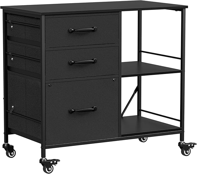JungleA 3 Drawer Mobile File Cabinet, with 3 Fabric Drawers and 2 Shelves, Mobile Storage Organizer Cart for Office, Study Room, Library, Black