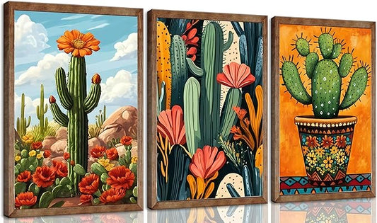 3pcs Framed Mexican Cactus Canvas Wall Art Vintage Desert Floral Posters Boho Southwestern Botanical Pictures Cactus in the desert Wall Decor Paintings Southwestern Potted Plants Prints Wooden framed