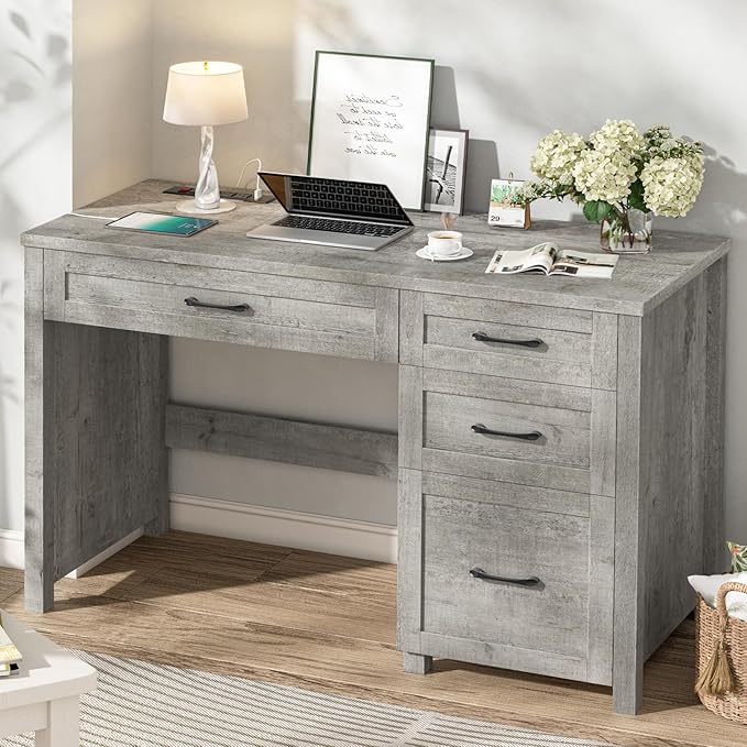 Farmhouse 47" Executive Desk, Computer Desk with File Drawer and Charging Station, Workstation for Home Office, Study（Grey）.