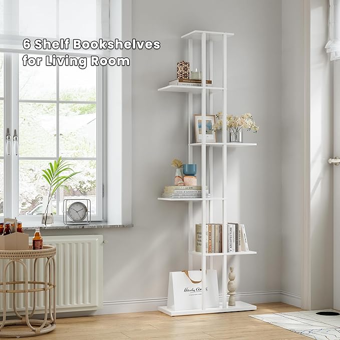6 Tier Corner Bookshelf，Slim Open Bookshelf，Small Book Shelf for Small Spaces，Living Room, Home Office, 9.45 x 20.8 x 62.2 Inches,（1PC+White