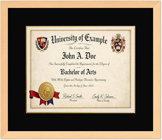 CountryArtHouse Diploma Frame Fits 15 x 12 Military/Government - Keepsake Graduation Display Natural Wood Genuine Hardwood with Black Over Metallic Gold Double mat