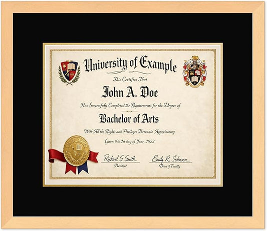 CountryArtHouse Diploma Frame Fits 15 x 12 Military/Government - Keepsake Graduation Display Natural Wood Genuine Hardwood with Black Over Metallic Gold Double mat