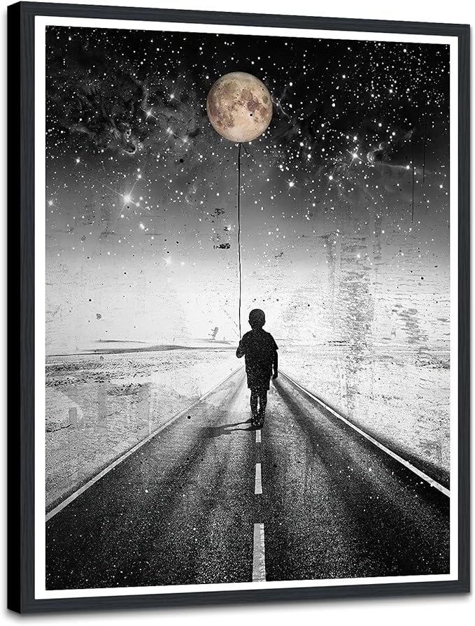 Moonlight Walk Framed Canvas Print Wall Art, Boy on Path Poster, Inspirational Night Scene Decor, Modern Bedroom or Living Room Ready to Hang, 12.5x16.5 Inches