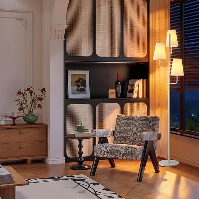 Traditional Floor Lamp for Living Room:3 Light Linen Country Rustic Floor Lamp for Bedroom, White Standing Lamp with Foot Switch, Country Rustic Tall Lamp, No Bulb