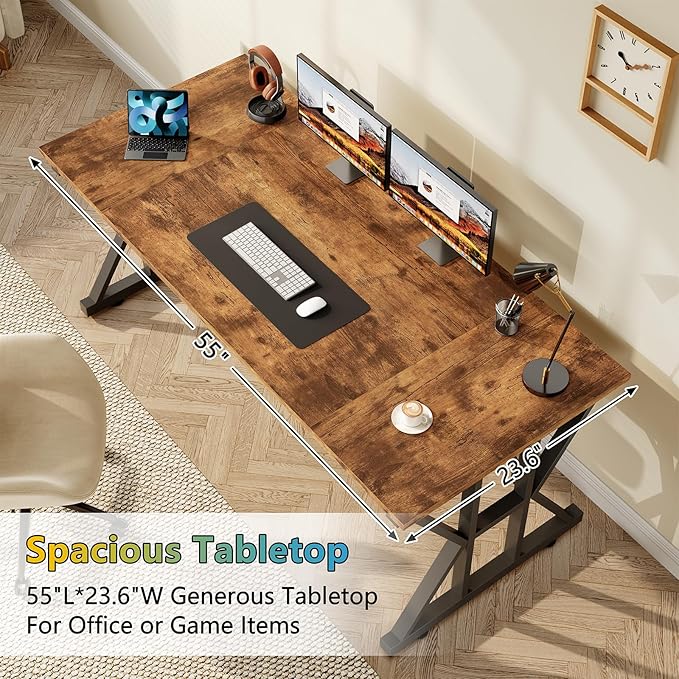 TVU Computer Desk, 55 inch Large Office Desk, Study Writing Table with Thicken Frame, Gaming Desk, Modern Simple Desk for Home Office, Rustic Brown