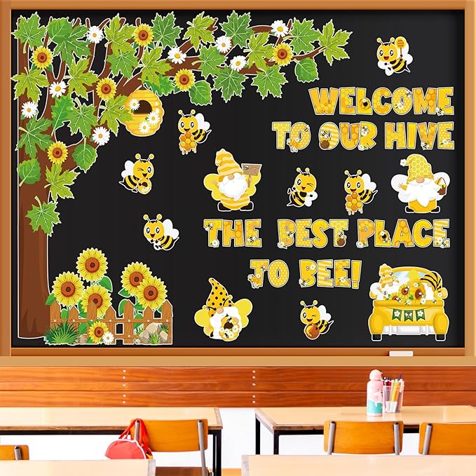 Pajean 104 Pcs Classroom Tree Bulletin Board Set Bee Sunflower Bulletin Boards Decoration Cutouts Spring Summer Tree Leaves Cutout for Classroom Window Wall Home Office School Decor