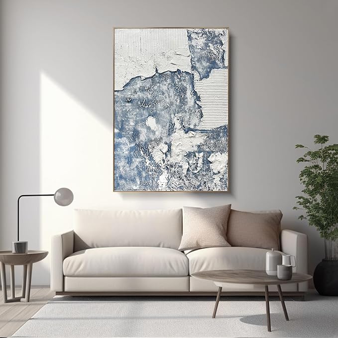 BrightA Office wall decorations with grand style. Large abstract hand-painted texture relief artworks, presenting the artistic charm of blue and white 63"x90.5"